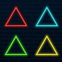 Glowing neon pink triangle with sparkles on abstract fog background. Electric light board.fashion design geometric. Empty minimalist art decoration vector