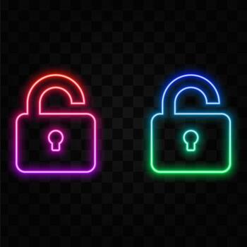 Glowing neon line Open lock icon isolated on brick wall background. Open lock signal. Cybersecurity concept. Digital data protection. Colorful Outline Concept vector