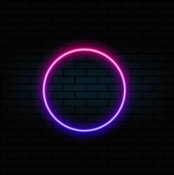Realistic gradient neon circle frame. Pink and blue blank template isolated on black background. Outline shape of geometric glitter or laser glowing lines. shiny object. vector