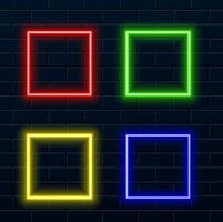 Cube-shaped empty neon sign with lighting on brick wall vector