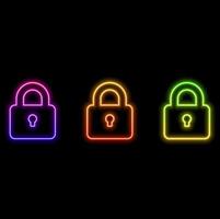 Glowing neon line Fingerprint with lock icon isolated on brick wall background. Application icon ID. ID sign. Touch id. vector