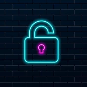 Glowing Neon Open padlock icon isolated on white background. Open lock sign. Cyber security concept. Digital data protection. Safety of security. Black square button. illustration vector