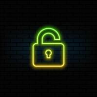 Glowing neon line Open lock icon isolated on black background. Open lock signal. Cybersecurity concept. Digital data protection. Safety. Colorful outline concept. vector
