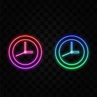 Neon clock with colored lights icon on a black background. vector