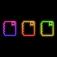 Glowing neon line Notebook icon isolated on brick wall background. Spiral notepad icon. School notebook. Writing pad. Diary for school. vector