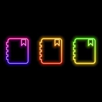 Glowing neon line Notebook icon isolated on brick wall background. Spiral notepad icon. School notebook. Writing pad. Diary for school. vector
