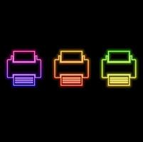 Glowing neon smart printer system icon isolated on brick wall background. Concept of internet of things with wireless connection. vector