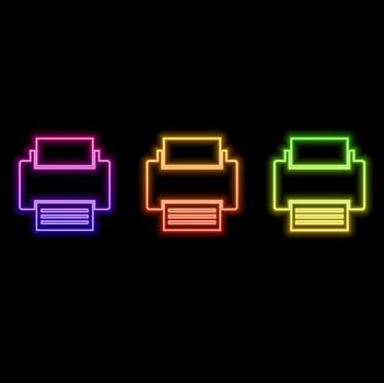 brillante neón inteligente impresora sistema icono aislado en ladrillo pared antecedentes. concepto de Internet de cosas con inalámbrico conexión. vector