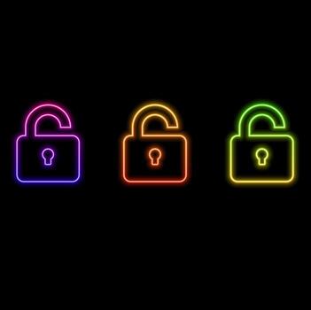 Glowing neon line Open lock icon isolated on black background. Open lock signal. Cybersecurity concept. Digital data protection. vector