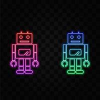 Glowing neon line Robot toy icon isolated on black background. vector