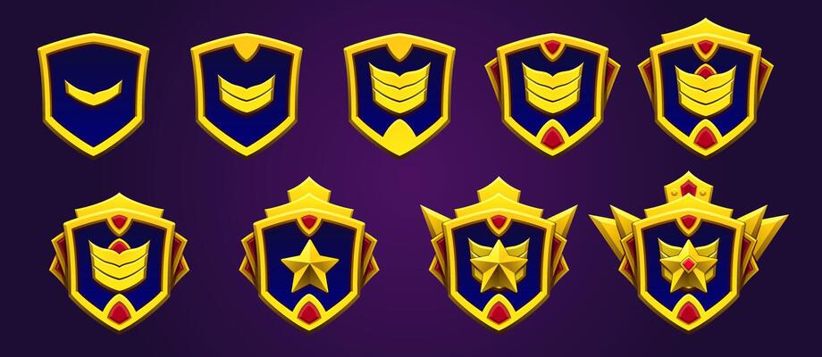 Award player emblem set. Gold game rank player level. Legend, epic achievements and badges. Metallic style gemstone, star. Fantasy, adventure.