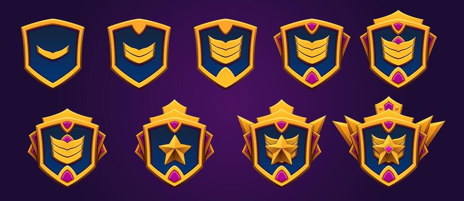 Magic golden game rank level set. Perfect for epic, legend achievements and badges. Progress award for games. Golden and gemstone. Fantasy, adventure.