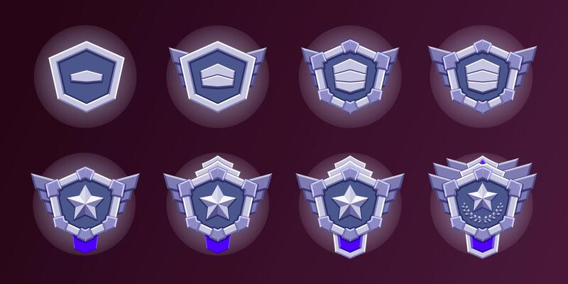 Silvered level game rank badges set. 8 Realistic of silver hexagon with level progress symbol. Realistic flat design. Metallic style. Progress and awards.
