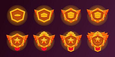 Golden level game rank badges set. 8 Realistic of gold hexagon with level progress symbol. Realistic flat design. Metallic style. Progress and awards. vector
