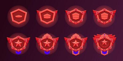 Red bronze level game level badges set. 8 Realistic of red bronze hexagon with level progress symbol. Realistic flat design. Metallic style. Progress and awards. vector