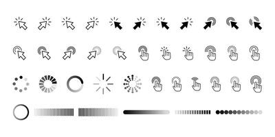 Clickable arrow icons highlighting interaction. Pointer click icon. Clicking the arrow cursor line symbol and pointing hand clicks and waiting loading icons. vector