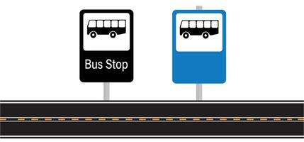 Two bus stop signs, one black and one blue, are displayed on a stretch of asphalt road. vector