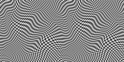 Seamless checkered pattern. Distorted optical illusion banner. Op art checkered curved pattern. vector