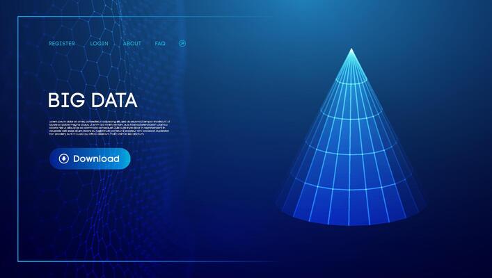 Big data cone blue technology background. Digital wireframe grid. Business technology background.