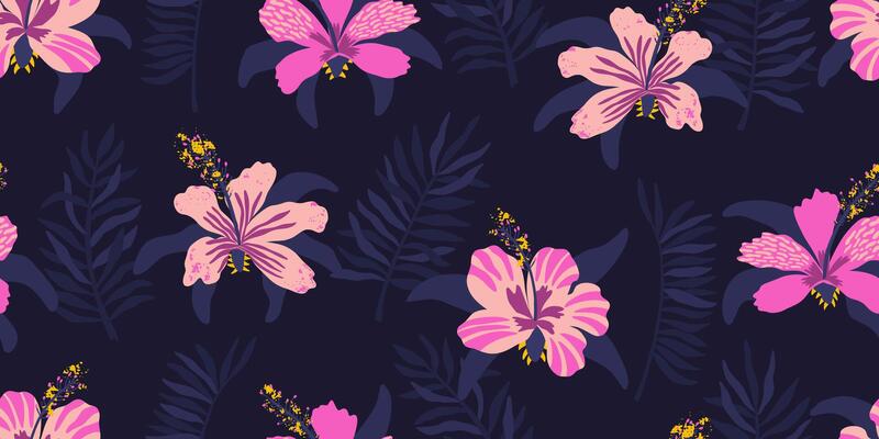 Hibiscus and banana leaf seamless pattern on dark background. Tribal design for fabric, interior decor and cover.