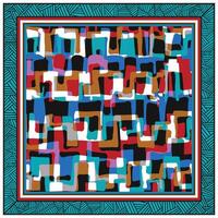 Colorful abstract mosaic pattern with a geometric border, a visually striking square pattern composed of red, blue, and black squares, creating a dynamic geometric design. vector