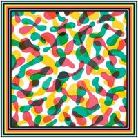 Abstract square scarf with line border, colorful blob pattern with overlapping shapes in red, green, yellow, and black. vector
