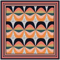 Geometric square scarf pattern with overlapping circles in orange, green, and black, enclosed by a multi colored border. vector