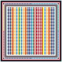 Colorful square geometric pattern with vertical diamond shaped stripes enclosed by a tribal style border. vector