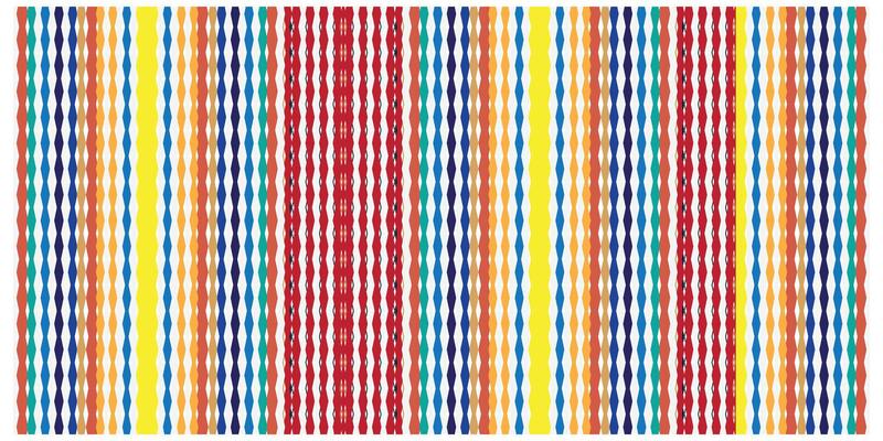 Colorful zig zag vertical print pattern with repeating diamonds in blue, orange, yellow, and red.