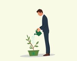 Man in a suit watering a small plant in a pot marked with a dollar sign, representing financial care, savings growth, and investment potential. Simple flat design vector