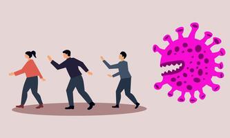 Illustration of people running away from a giant pink virus with sharp teeth, symbolizing fear and pandemic impact. Perfect for health, awareness, and medical concepts vector