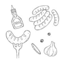 Grilled sausage hand drawn outline doodle icon. sketch illustration of sausage for print, web, mobile and infographics isolated on white background. vector