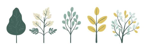 Flat design tree and leaf collection, perfect for botanical and nature-inspired projects. Green yellow colored leaves vector