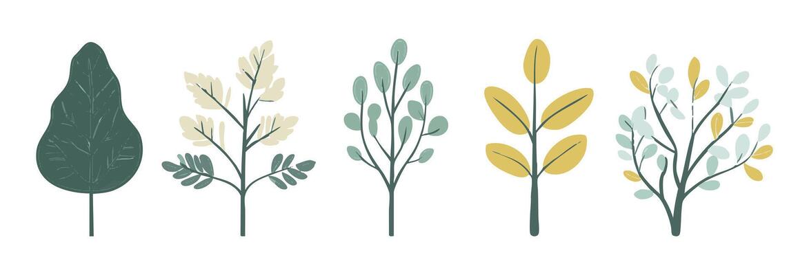 Flat design tree and leaf collection, perfect for botanical and nature-inspired projects. Green yellow colored leaves