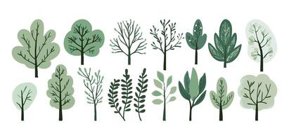 Flat design tree and leaf collection, perfect for botanical and nature-inspired projects. Light Green colored leaves vector