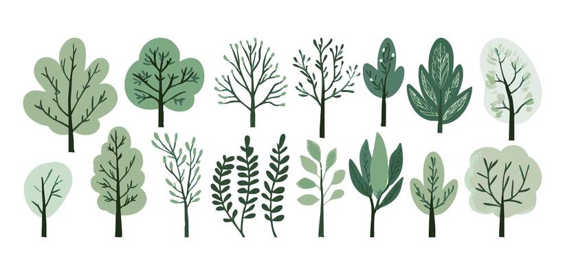 Flat design tree and leaf collection, perfect for botanical and nature-inspired projects. Light Green colored leaves