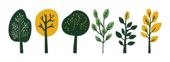 Flat design tree and leaf collection, perfect for botanical and nature-inspired projects. Green orange colored leaves vector