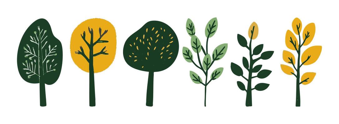 Flat design tree and leaf collection, perfect for botanical and nature-inspired projects. Green orange colored leaves