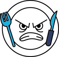A cartoon of a plate with a fork and knife on it, with the knife being held up vector