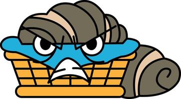 A Croissant Bread cartoon character with a scowl on its face is sitting in a basket vector