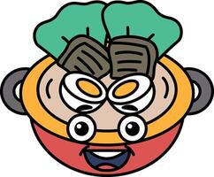 A cartoon face with a smiling mouth and eyes and a bowl of food with a green leaf on top vector