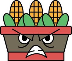 A cartoonish face with a frowning expression and a red pot with corn vector