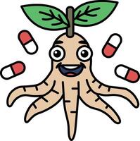 A cartoon of a plant with a smiling face and a pill bottle in the background vector