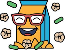 A cartoon character with glasses is smiling and surrounded by popcorn vector