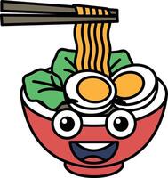 A cartoon bowl of ramen noodles with a smiling face and chopsticks vector