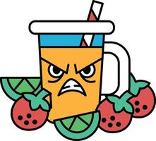 A cartoon character with a straw in a cup of orange juice is surrounded by straw vector