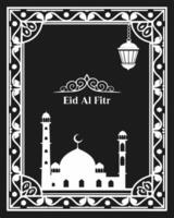 Eid Al Fitr design with mosque and lantern white silhouette for business use vector
