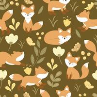 Seamless pattern with a little fox, butterfly and flowers. vector
