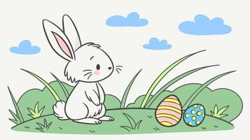 Bunny on the grass. Basket with eggs. Easter vector