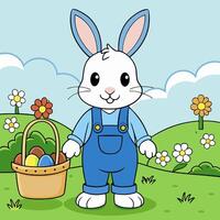 A bunny in a blue jumpsuit. Basket with eggs. Easter vector